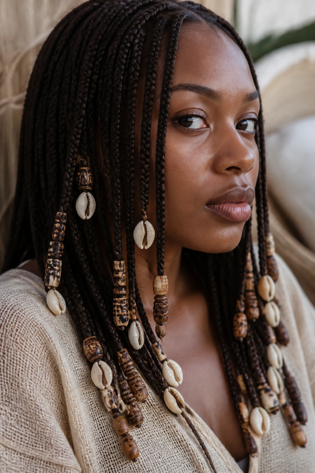 Close-up of knotless braids with earthy shell beads on a real person