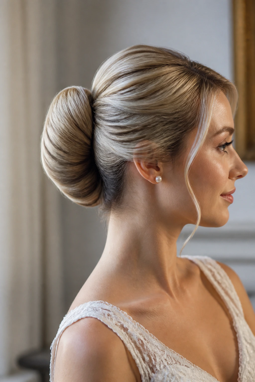Close-up of sculpted shell chignon on bride.