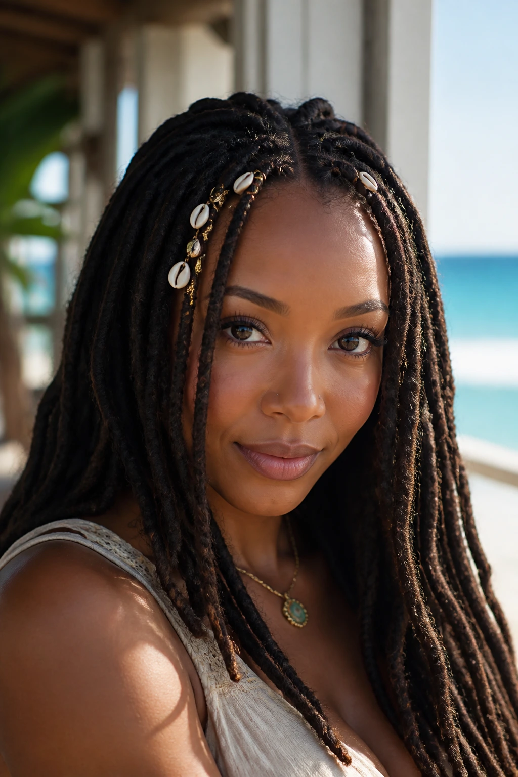 Close-up of a real woman with shell-adorned goddess locs near the part.