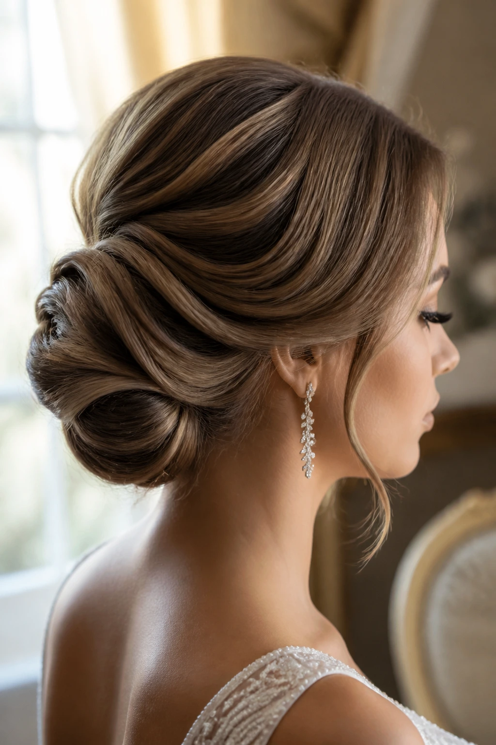 Bride with shell-inspired soft bun showing curved folds
