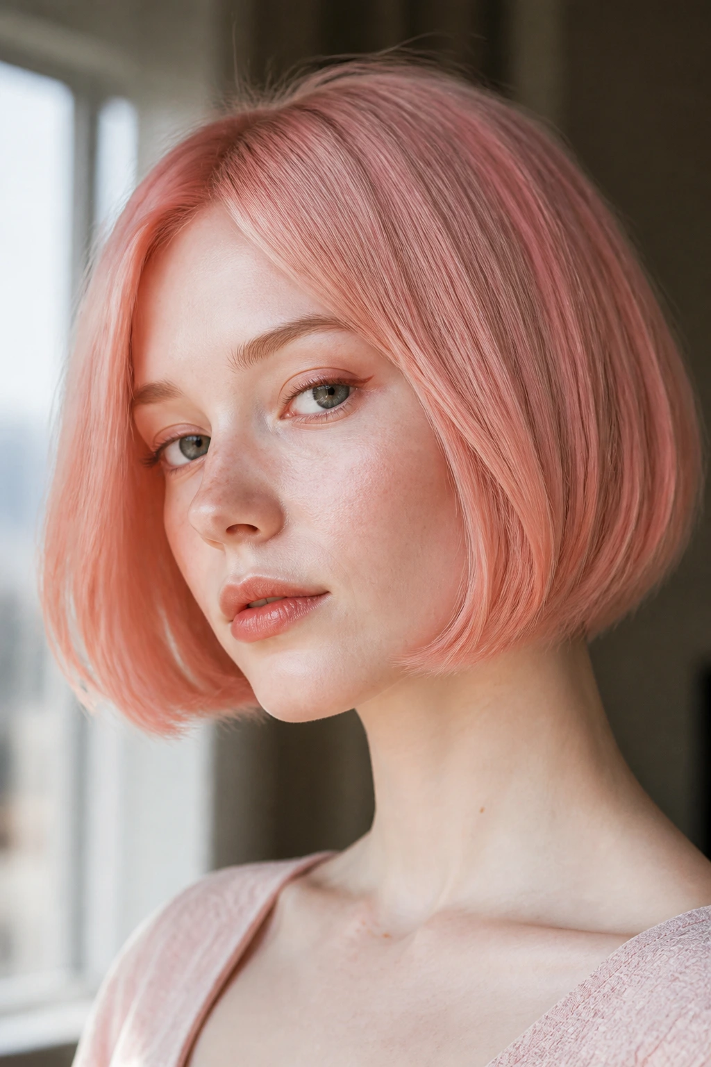 Portrait of pale-skinned person with shell pink coral bob.