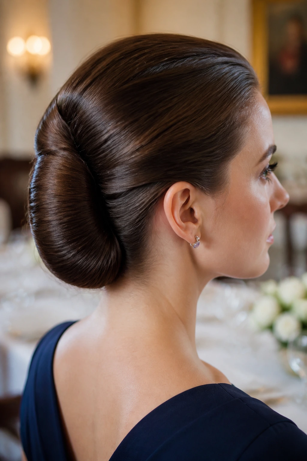 Close-up of a real woman with a shell roll French roll