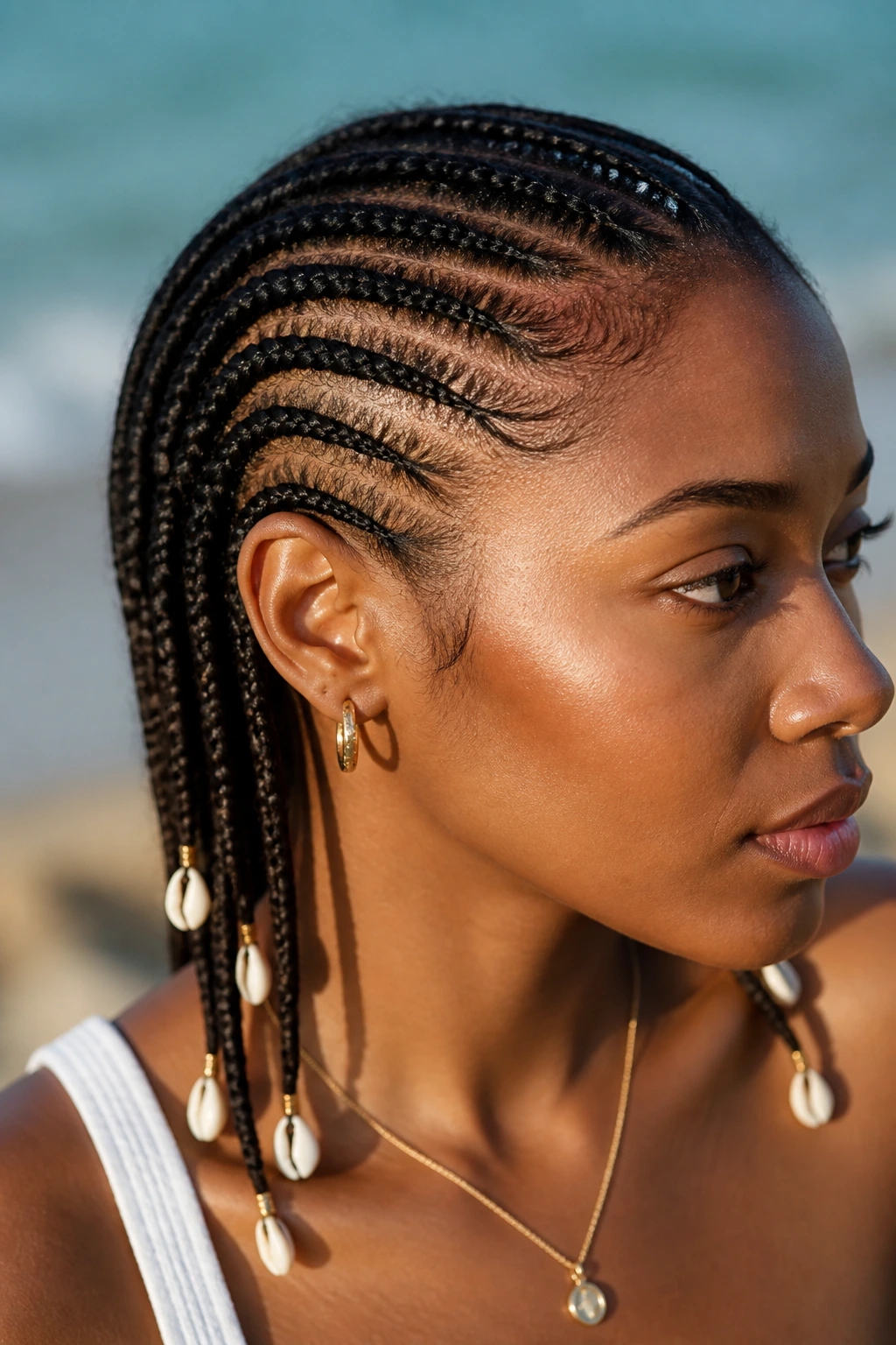 Real person with shell-trimmed side cornrows