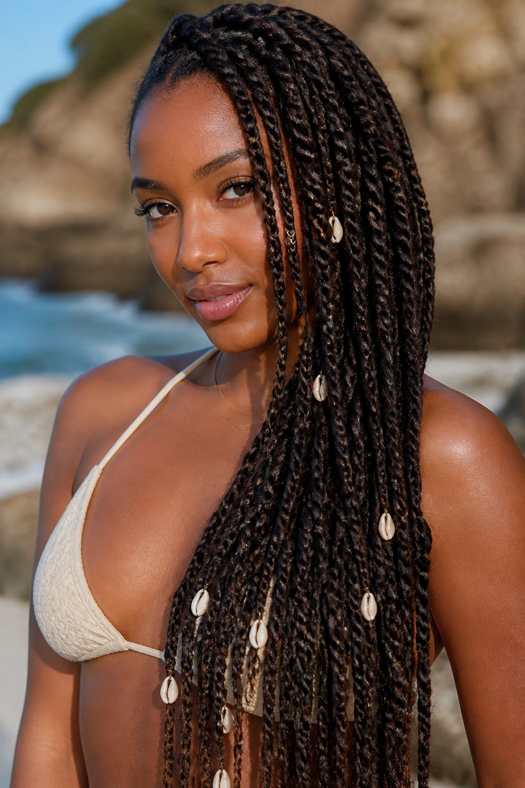 Real woman with waist-length spring twists trimmed with shells, draped over shoulder.
