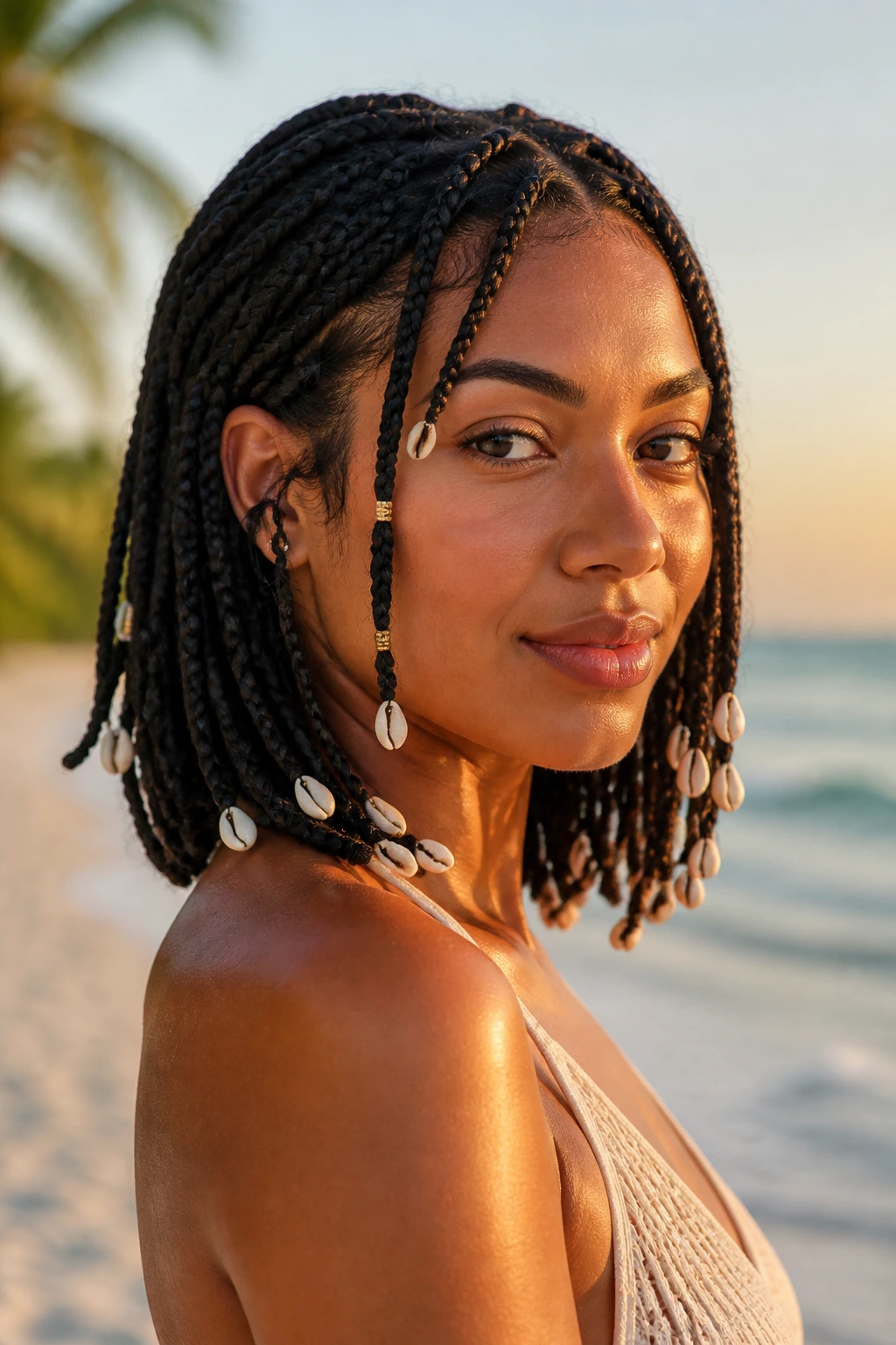Close-up of a real woman with shell-trimmed braids on a beach