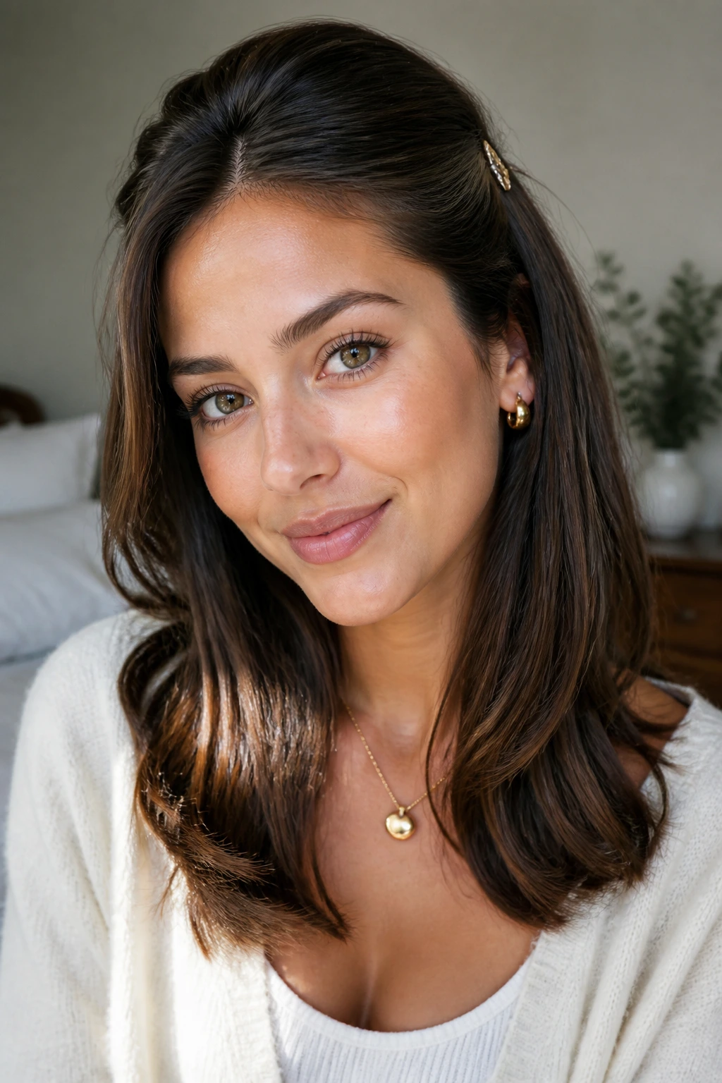 Close-up of real woman's shiny hair with smooth hairline and subtle crown lift in warm window light