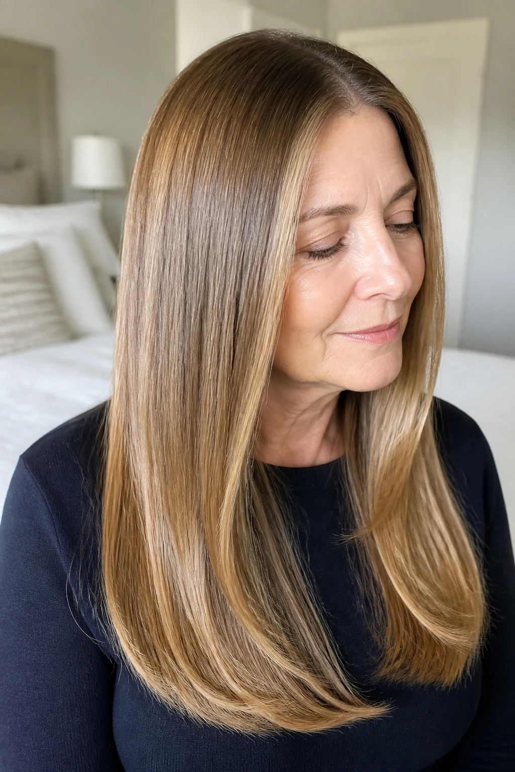 Portrait focusing on glossy straight hair with shine from mid-length to ends