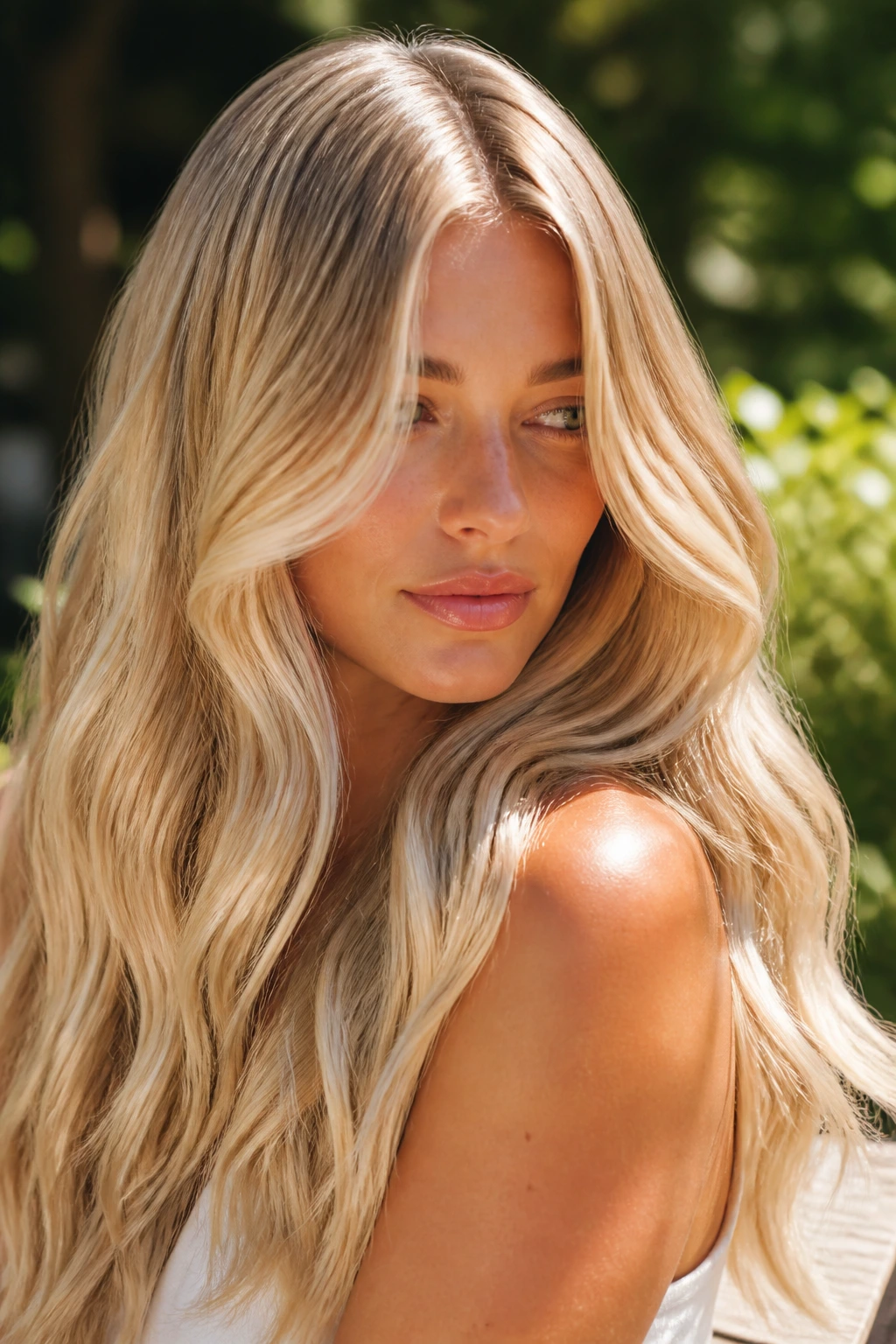 Close-up of a real woman's glossy blonde hair in sunlit outdoor setting.