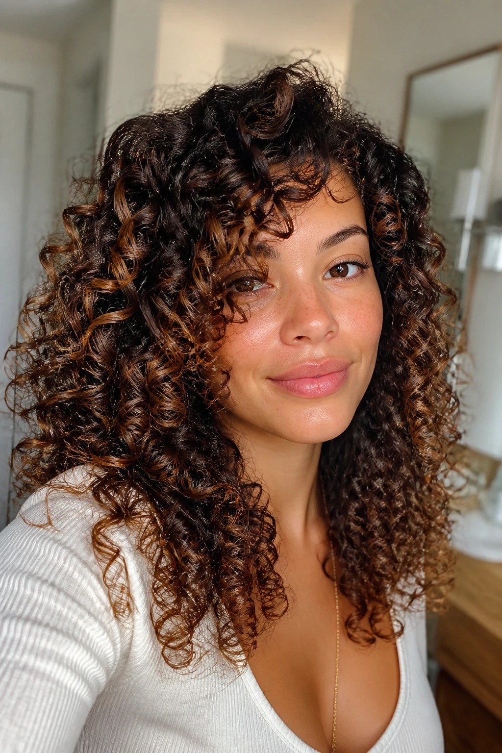 Portrait of a real person with shiny curly hair showing depth and dimension