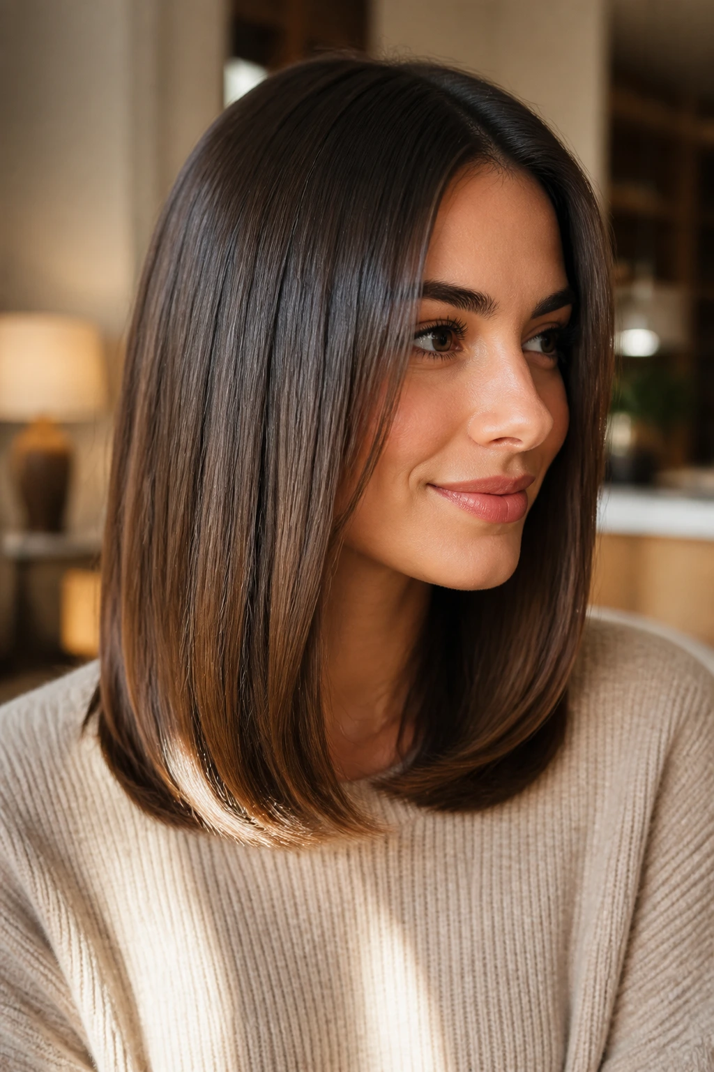 Close-up of a real person with ultra-smooth, glossy mid-length hair