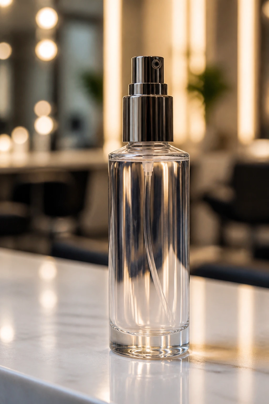 Glossy serum bottle reflecting light on a clean surface