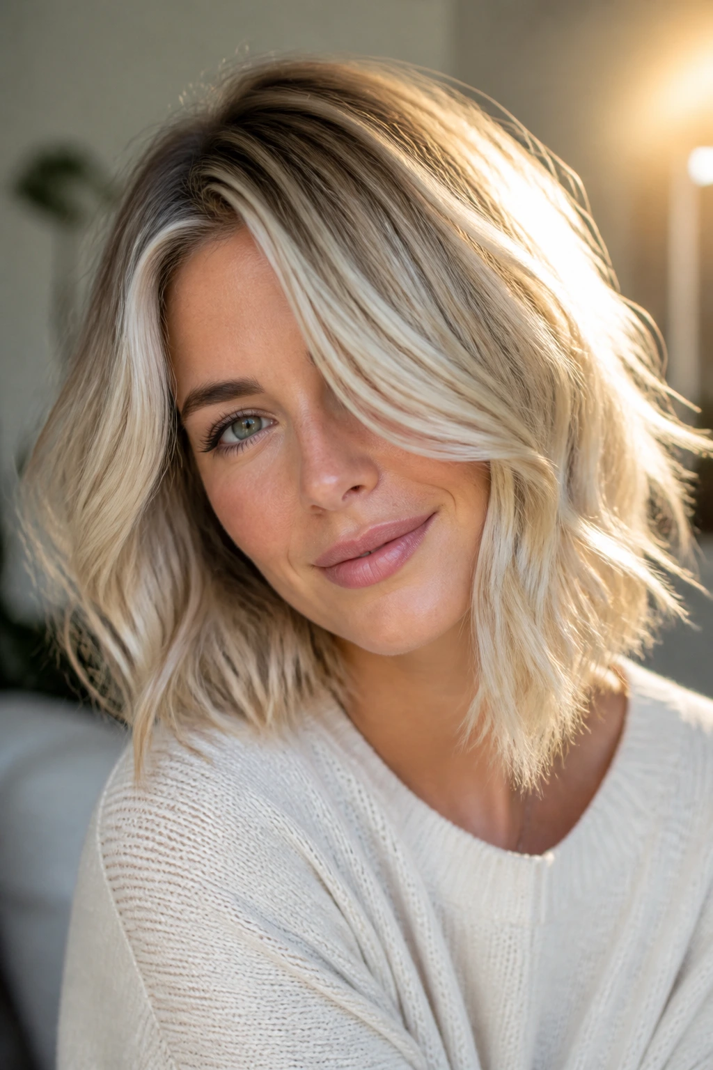 Portrait of a real woman with shiny blonde hair and visible texture