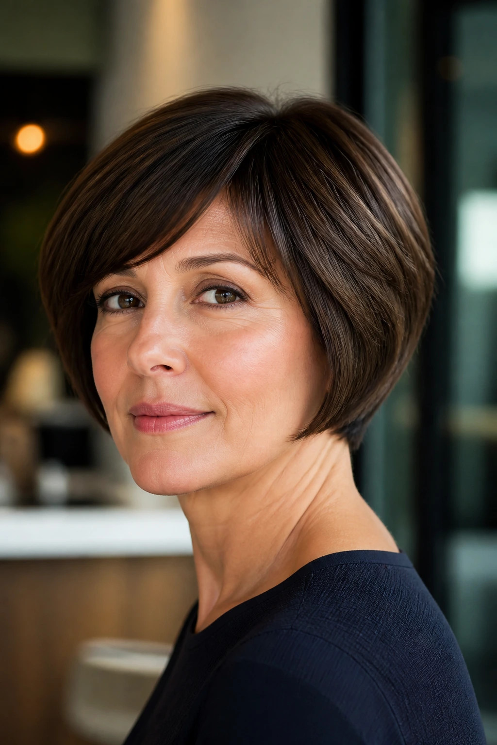 Close-up portrait of a real woman with a shingle bob showing snug back and curved sides