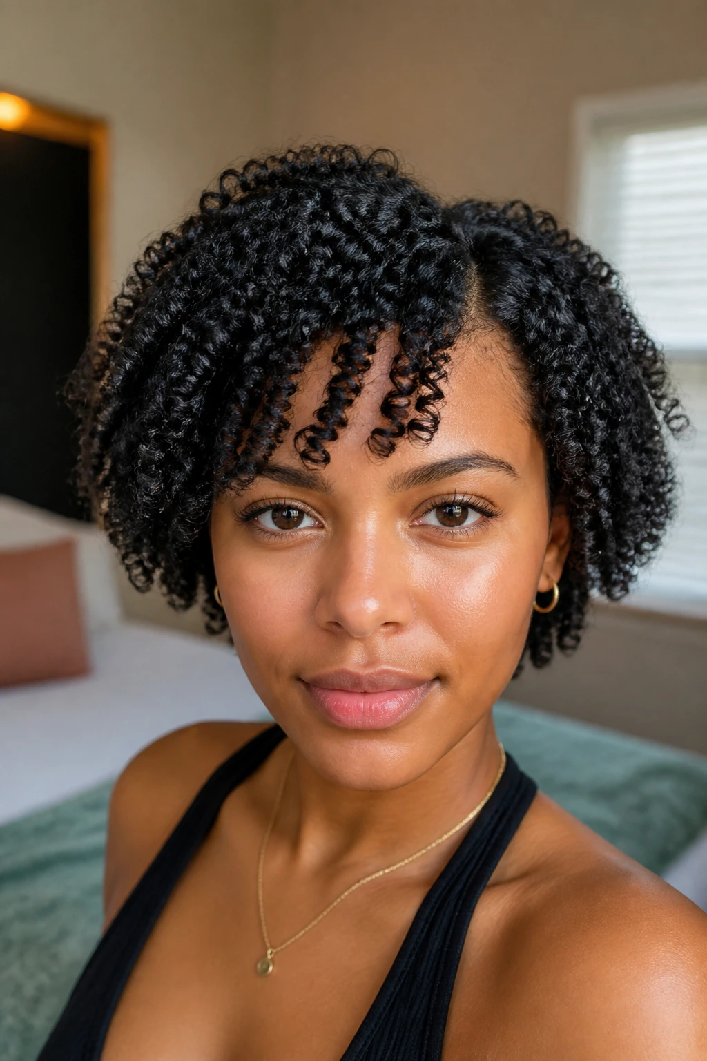 Close-up of shingled curls on a real woman showing defined tiny curl sections