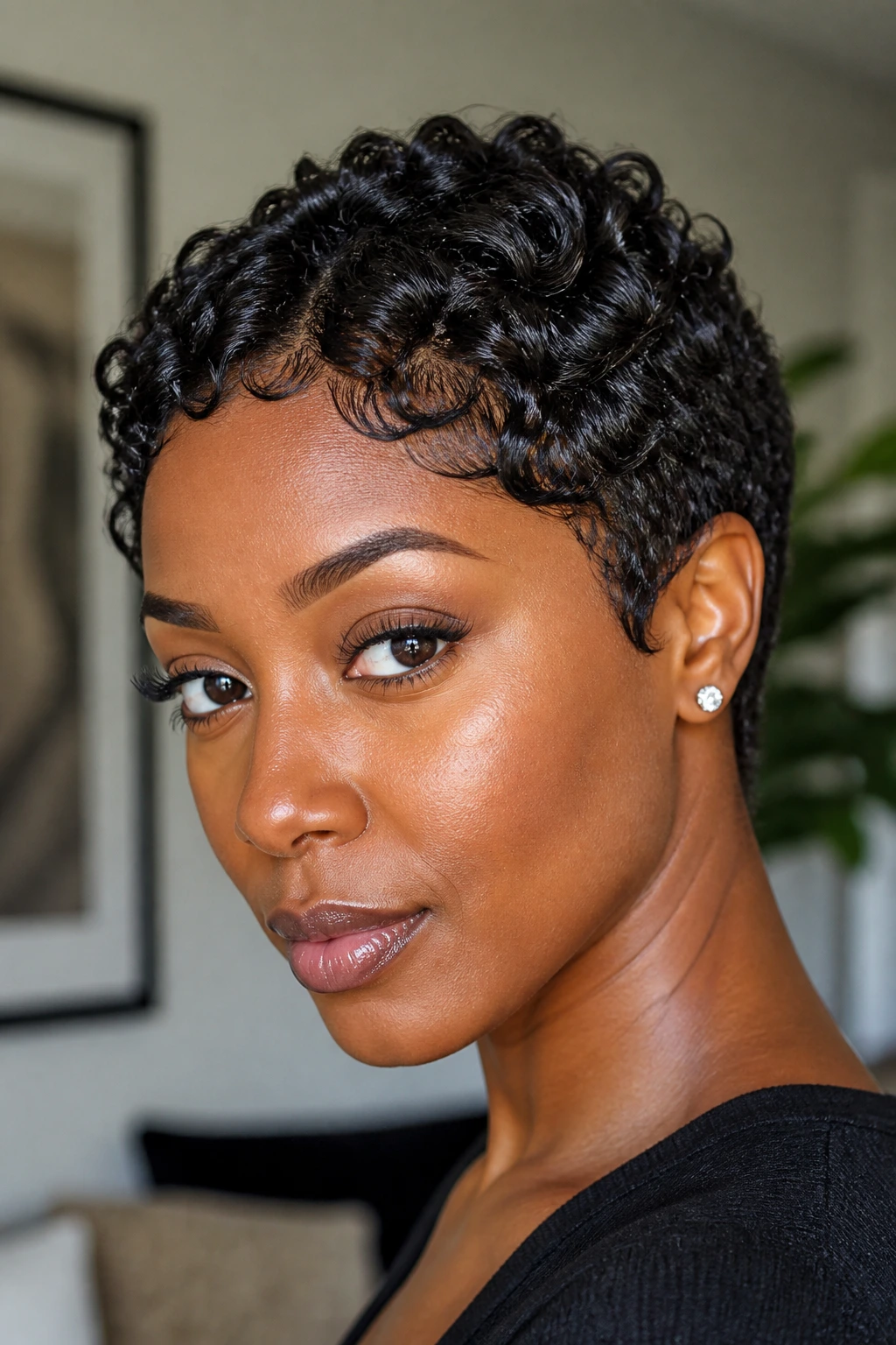 Close-up of a real Black woman with shingled curls on a TWA