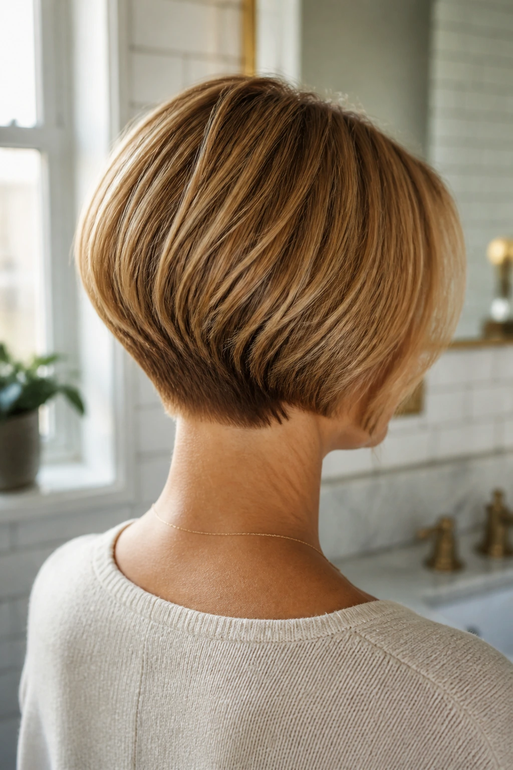 Back view close-up of a real woman with a stacked nape bob