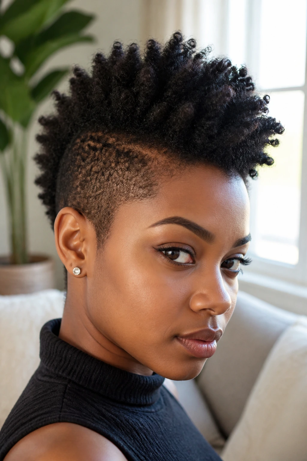 Close-up of a real woman with a short 4C frohawk and defined coils