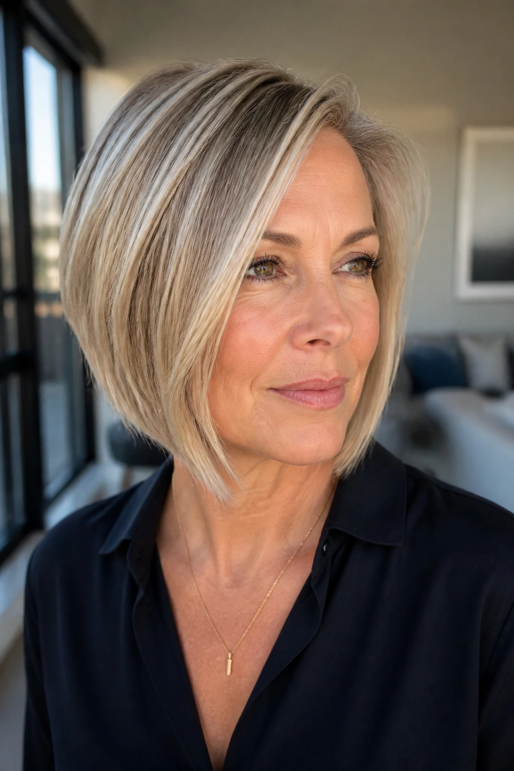 Close-up portrait of a real woman with a short A-line bob