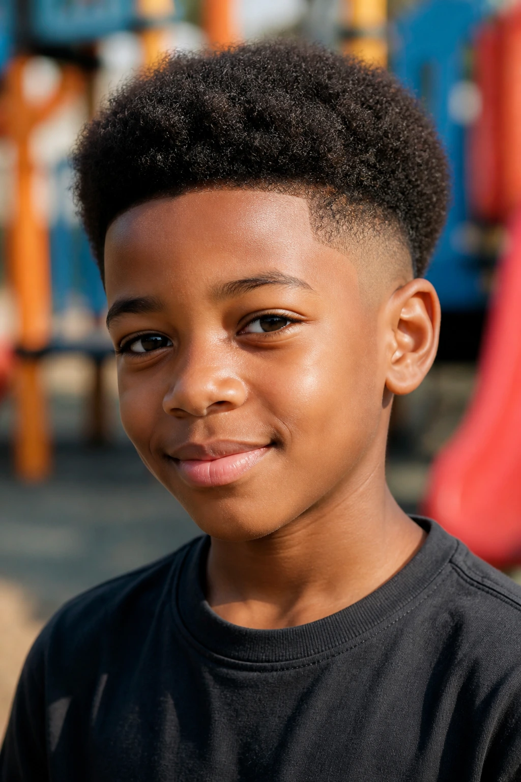Close-up portrait of a real Black boy with a short afro and burst fade in an outdoor playground