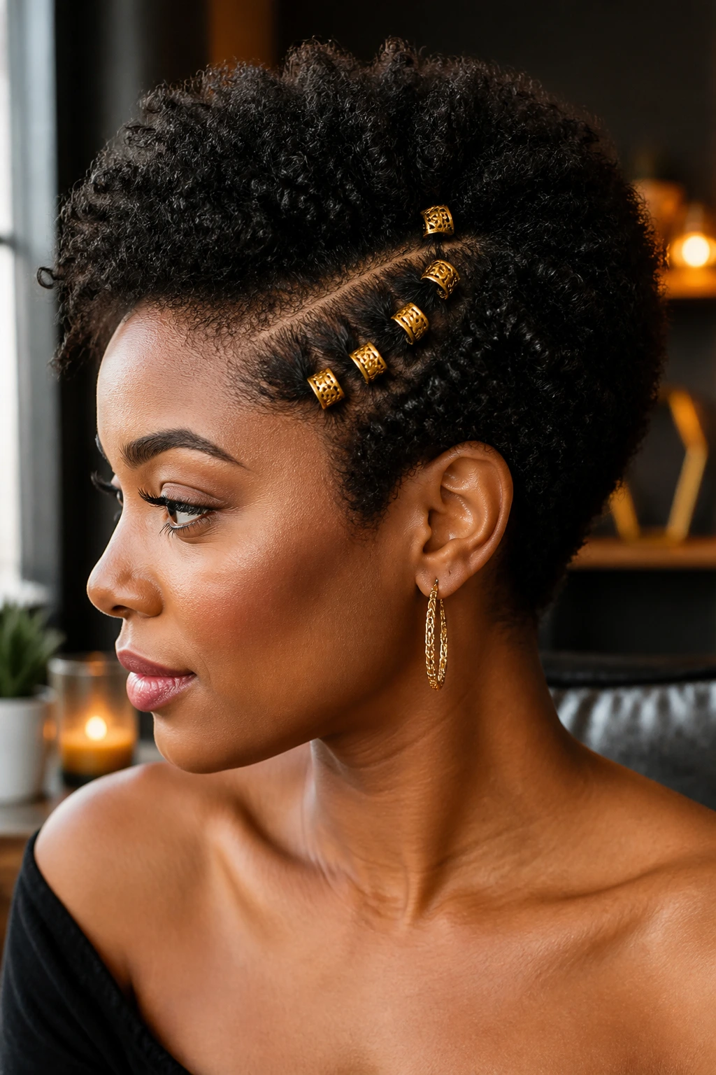 Close-up of a Black woman with a short Afro and gold cuffs in a stylish indoor lounge
