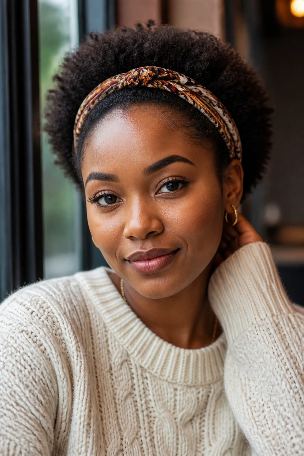 Real woman with short afro and headband in natural light.
