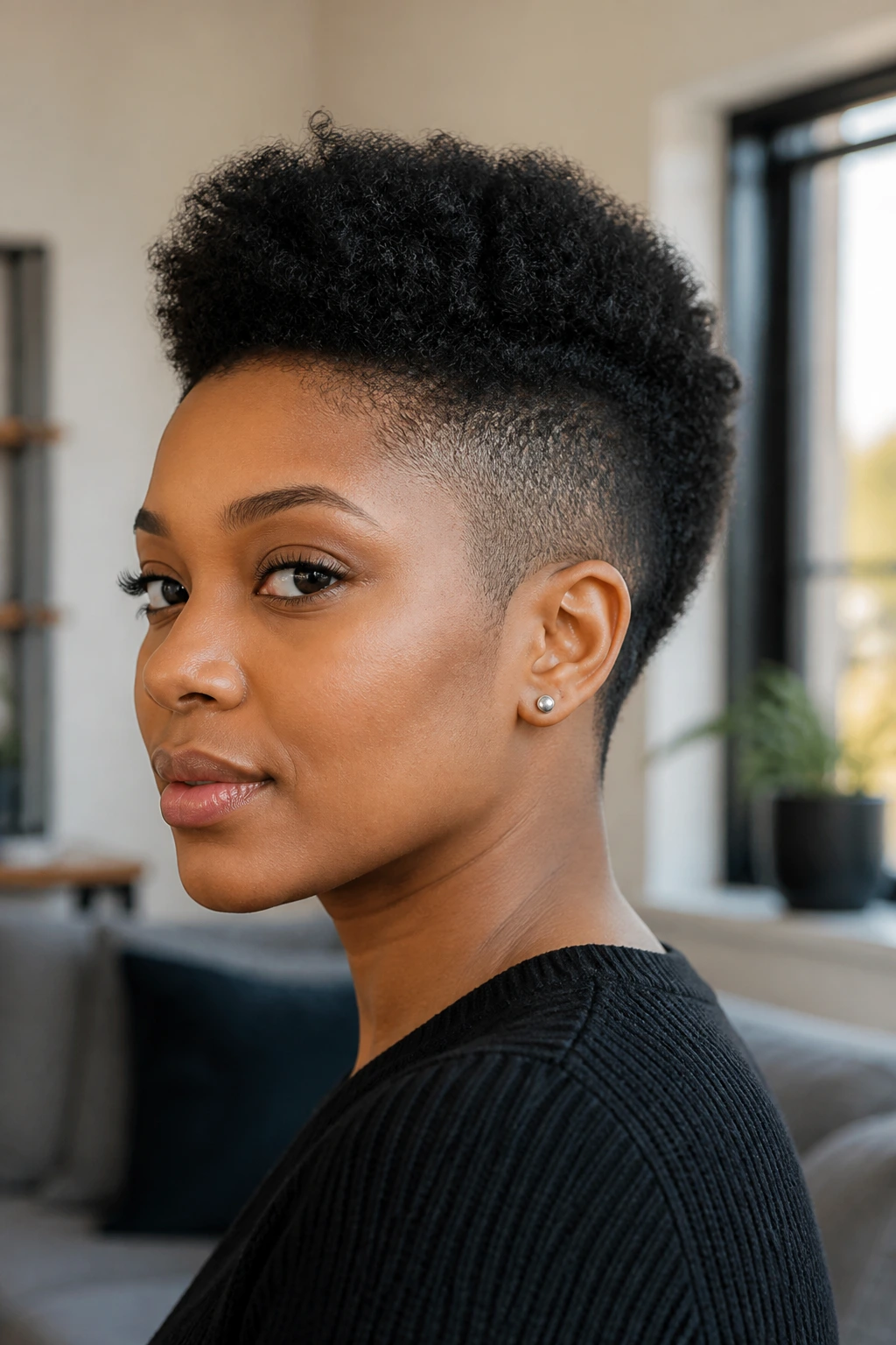 Close-up of a real woman with a short Afro Mohawk and tapered sides