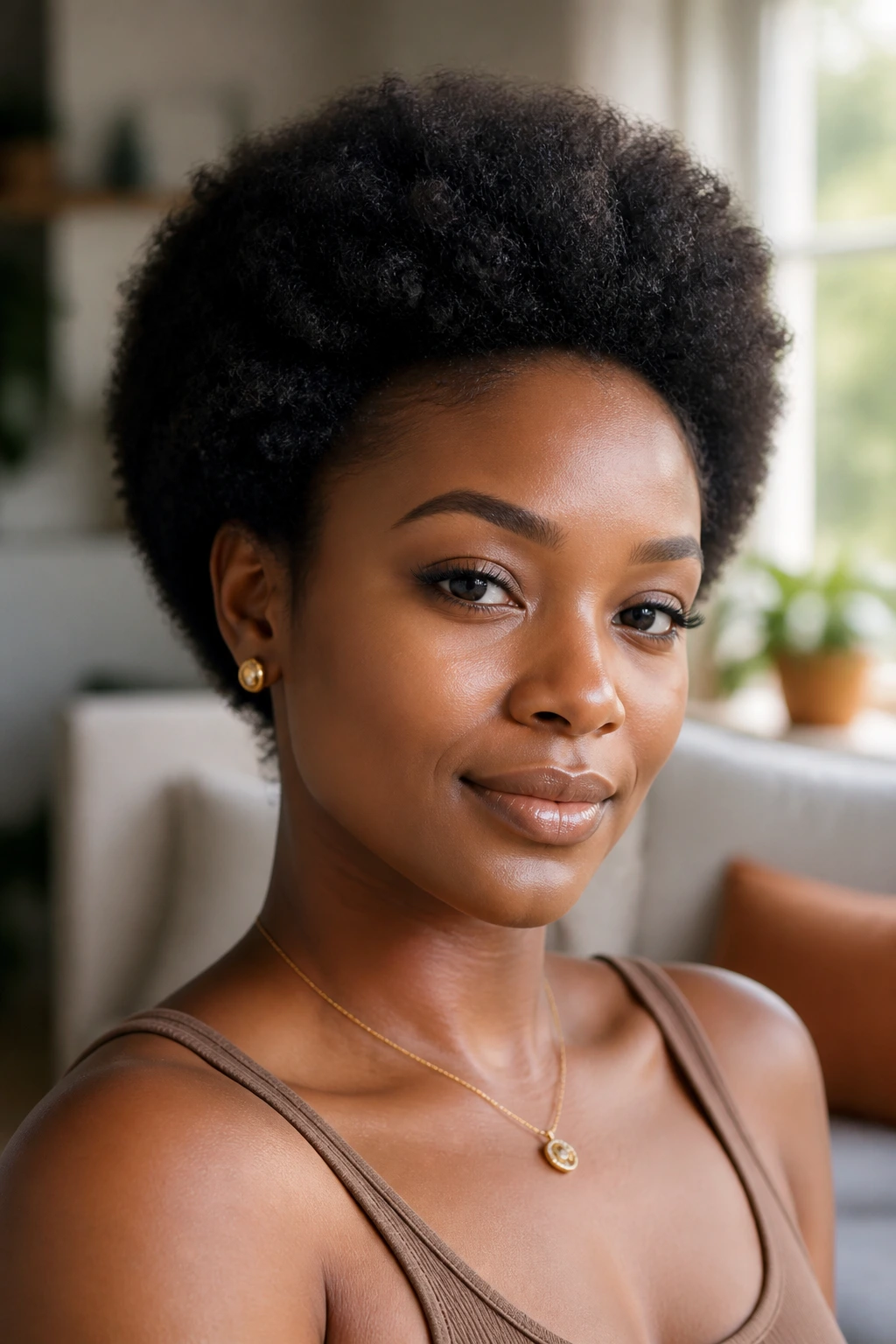 Close-up of a real Black woman with a short rounded afro silhouette in a softly lit home setting