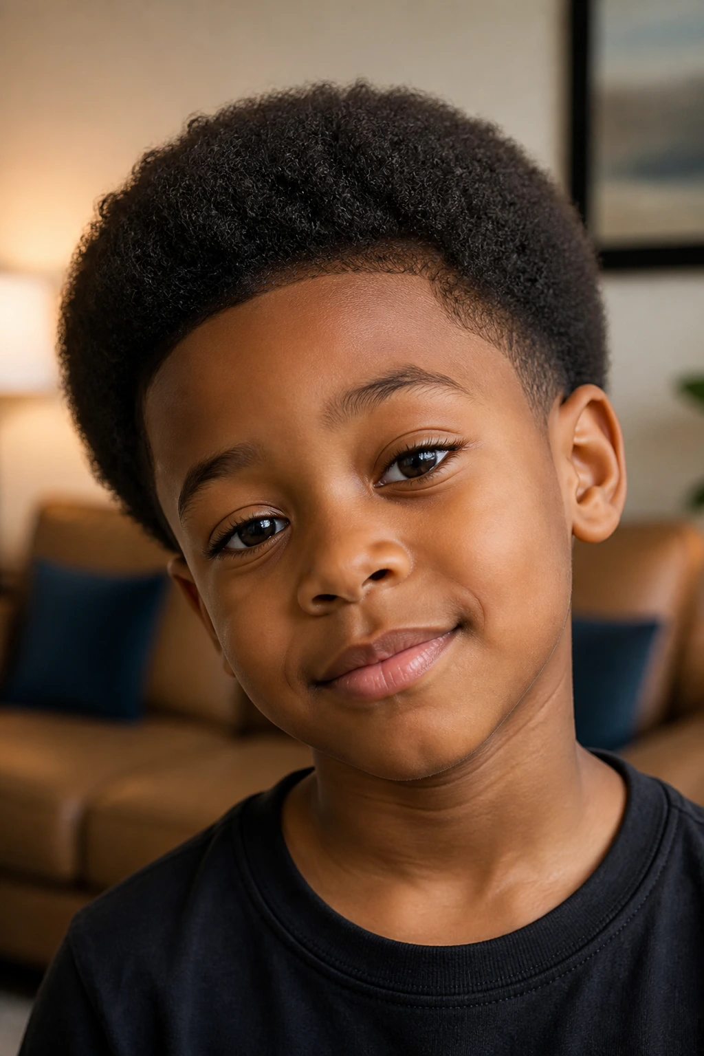 Close-up portrait of a real boy with a rounded short afro.