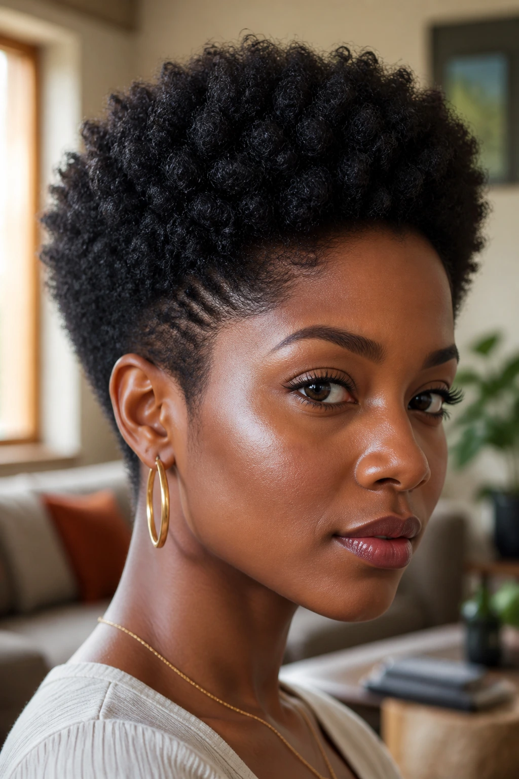 Close-up of a real Black woman's short afro with tapered nape and rounded crown.
