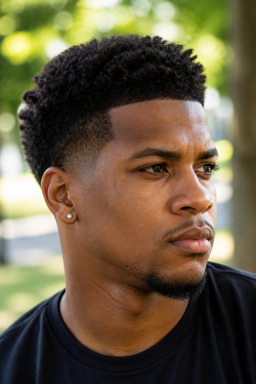 Close-up of a man with a short Afro taper in a park