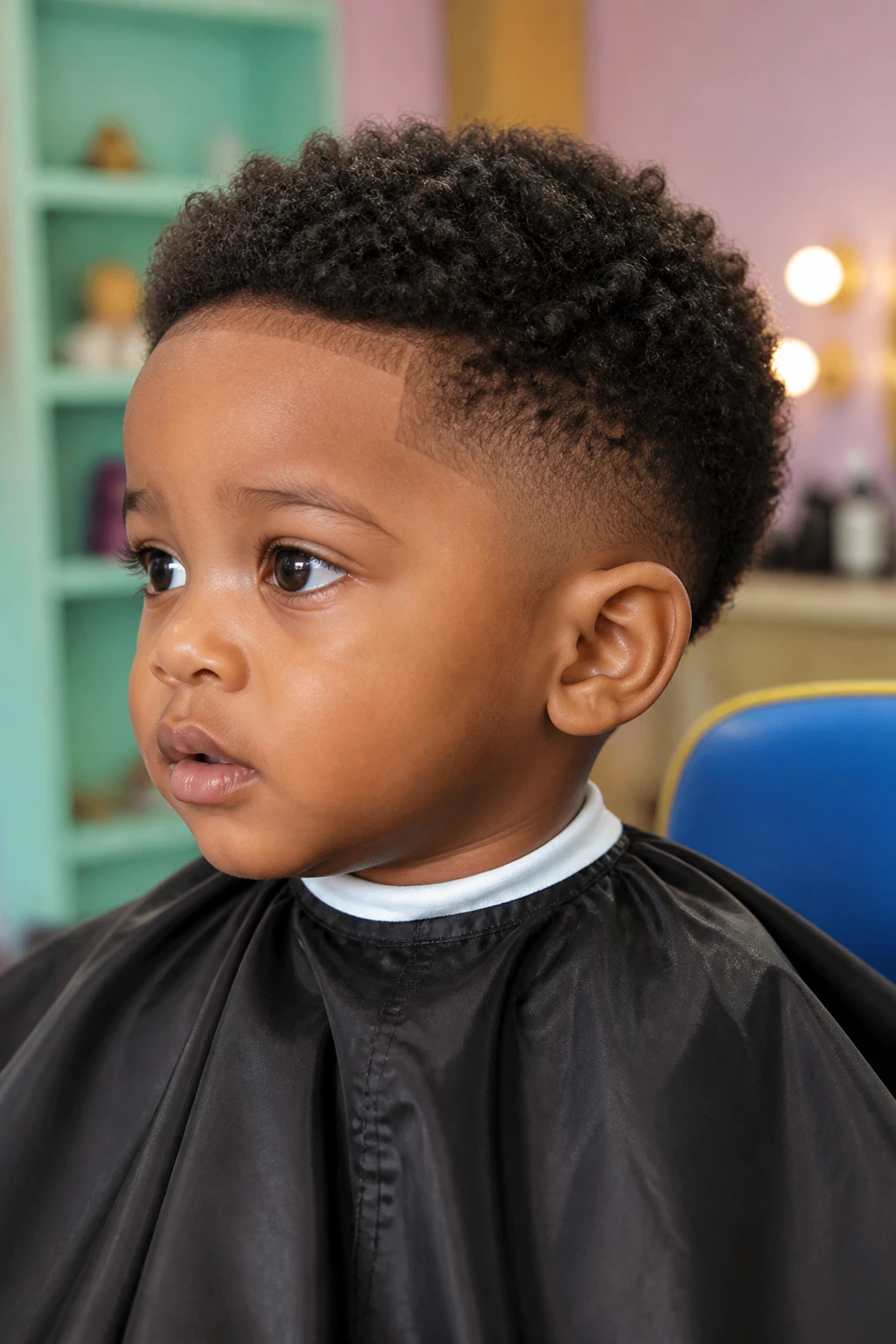 Close-up of a toddler with a short afro taper and tapered sides in a barbershop
