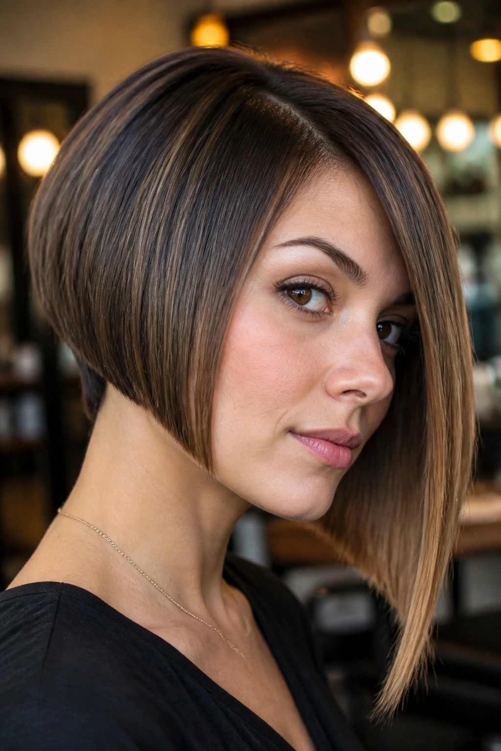 Close-up portrait of a real woman with a short asymmetrical bob with a sharp finish and crisp jawline