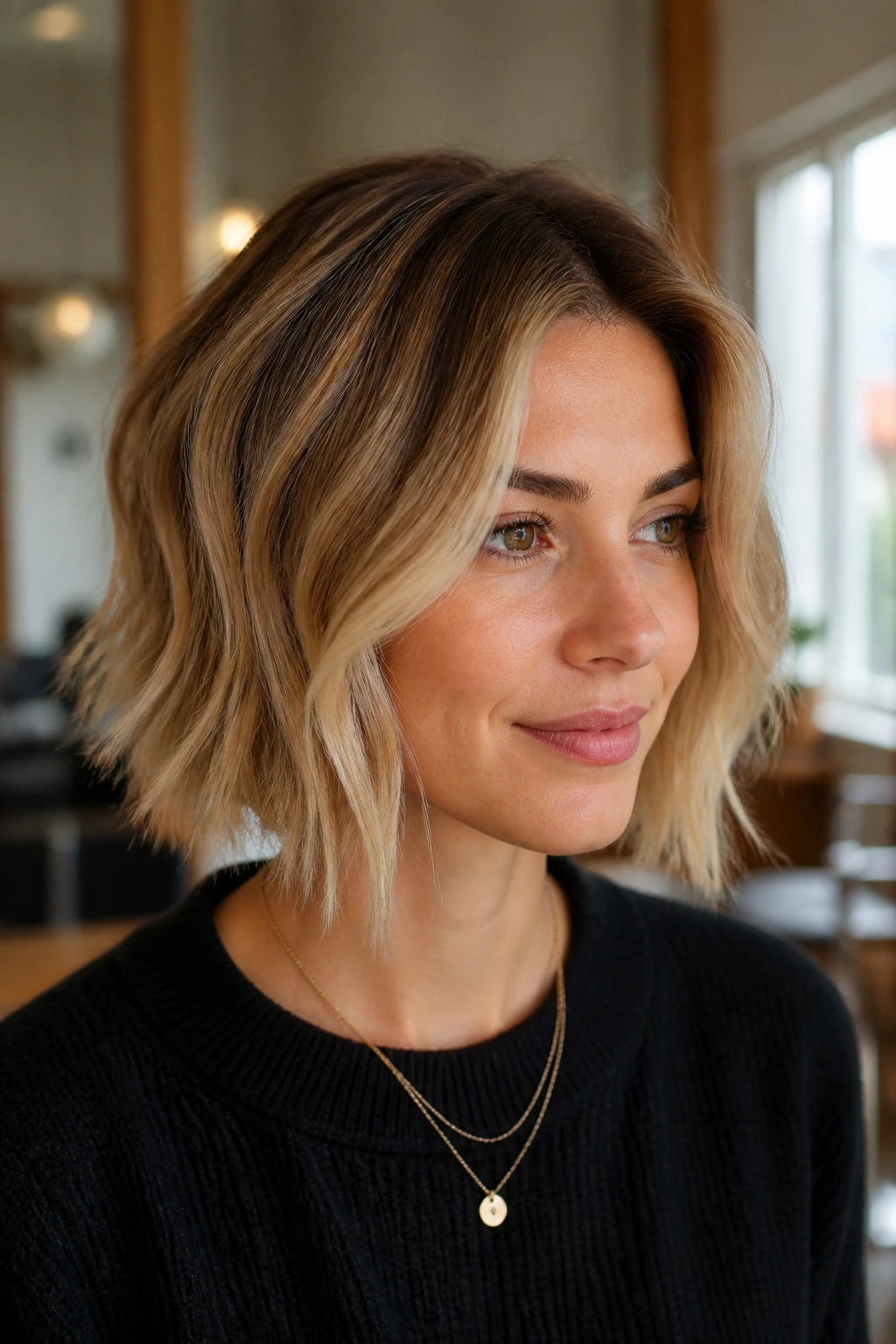 Close-up of a real woman's short balayage bob with soft root shadow in a sunny salon.