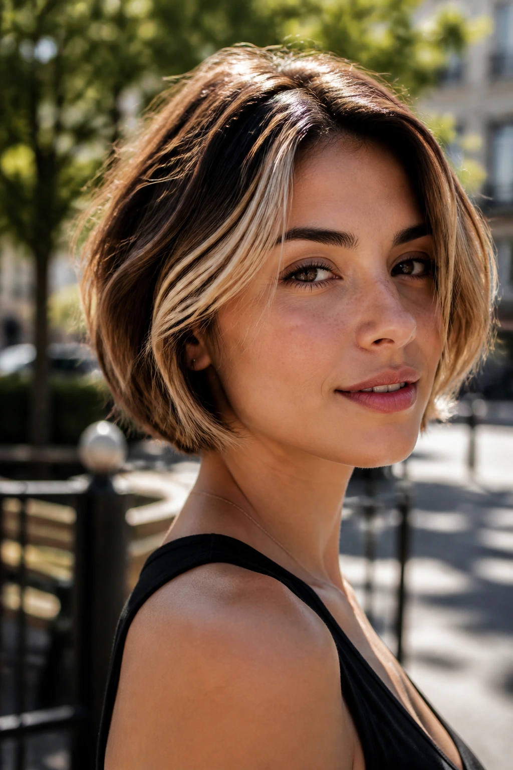 Real person with short balayage hair illuminated by sun highlighting face-framing ribbons