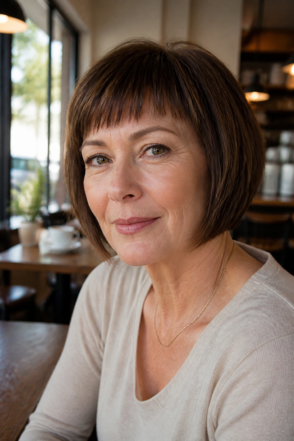 Portrait of a woman with bob and short bangs