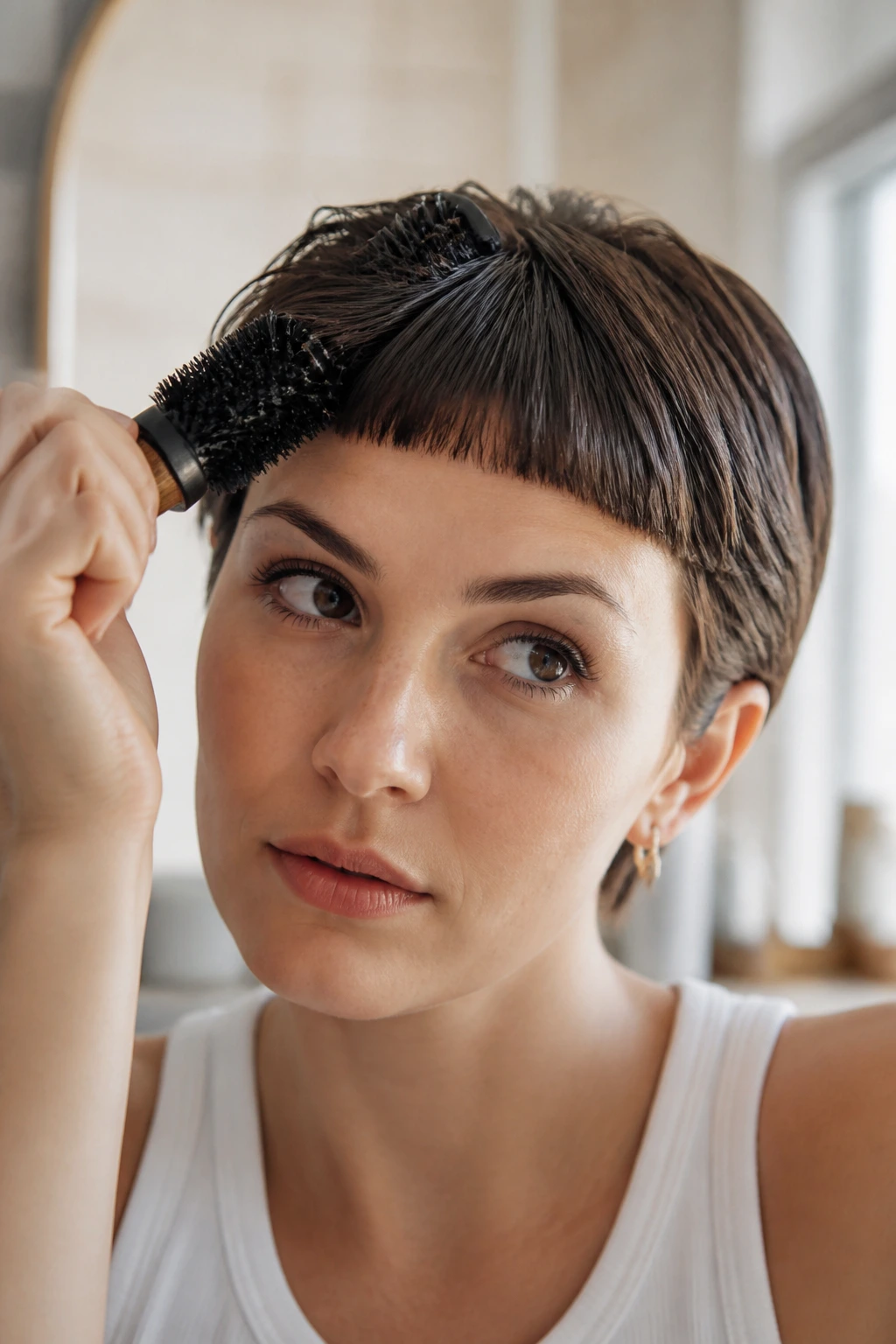 Close-up of a real woman with short bangs styled with damp roots in natural light