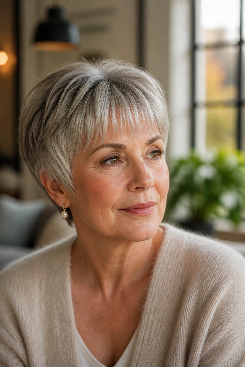 Close-up portrait of a real woman with short bangs framing eyes in warm window light