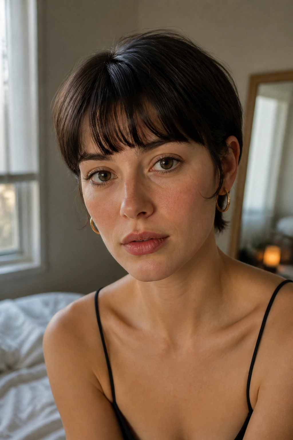 Close-up portrait showing short bangs and forehead exposure on a real person