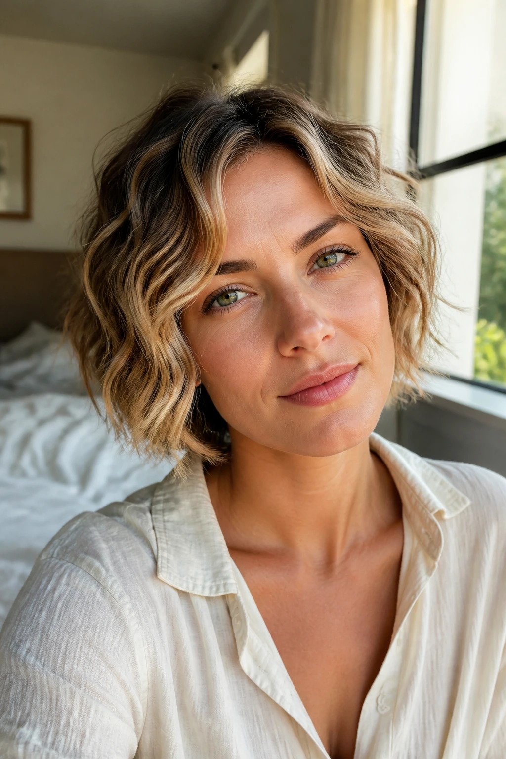 Close-up portrait of a real woman with short beach waves in natural light