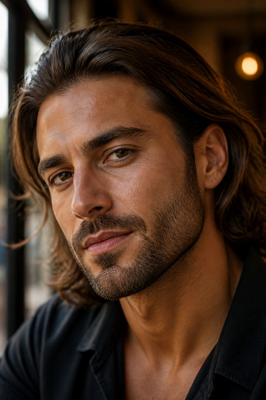 Close-up portrait of a man with a short 4-8 mm beard and crisp cheek lines.