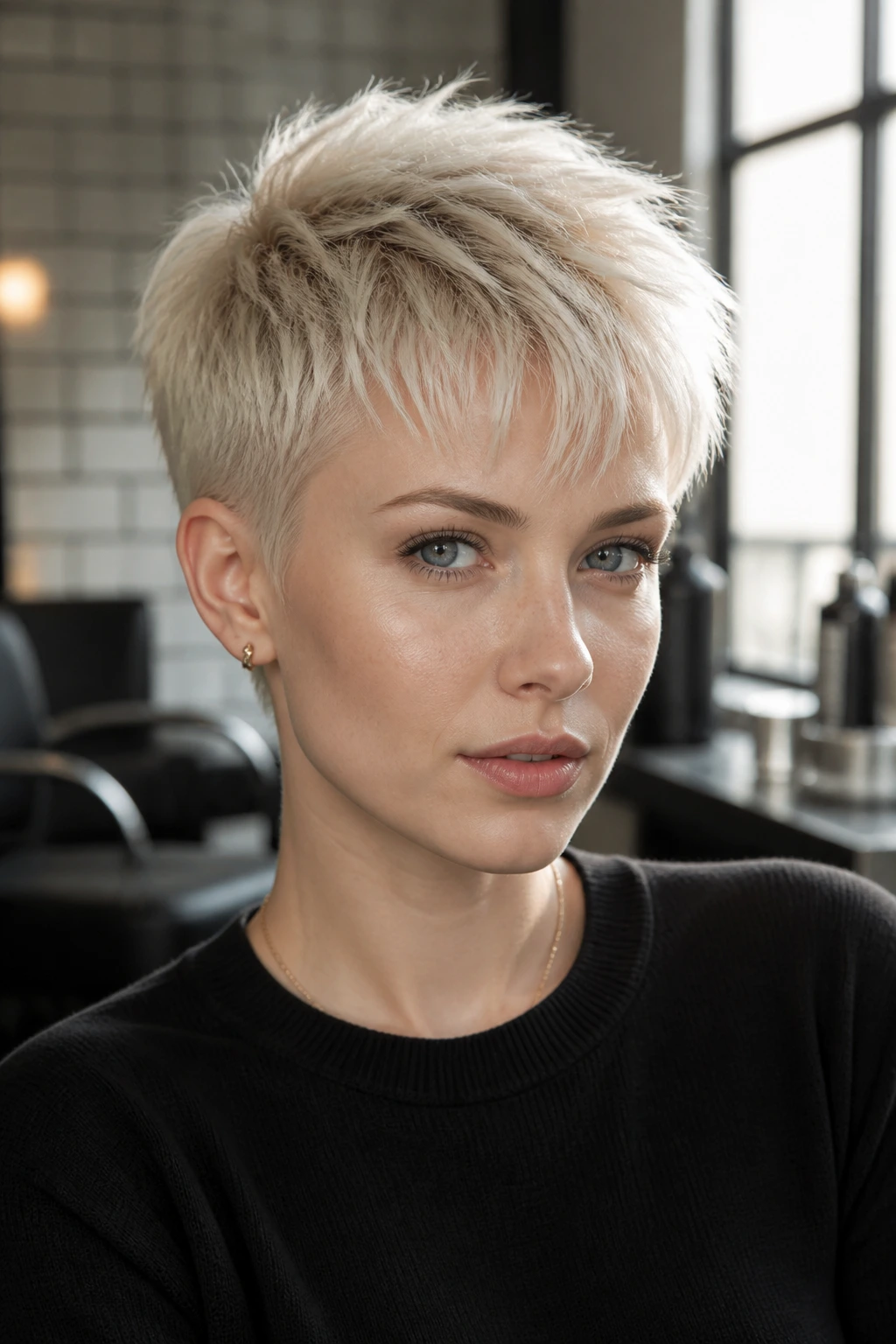 Portrait of a person with short bleached hair styled for texture and lift.