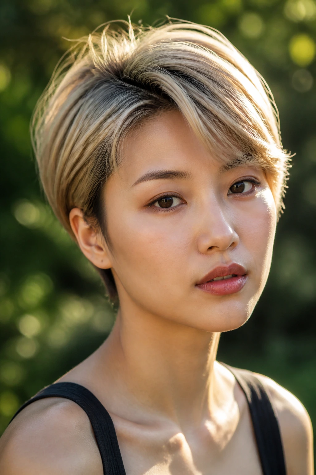Close-up of a real person with a short blonde cut in golden hour light