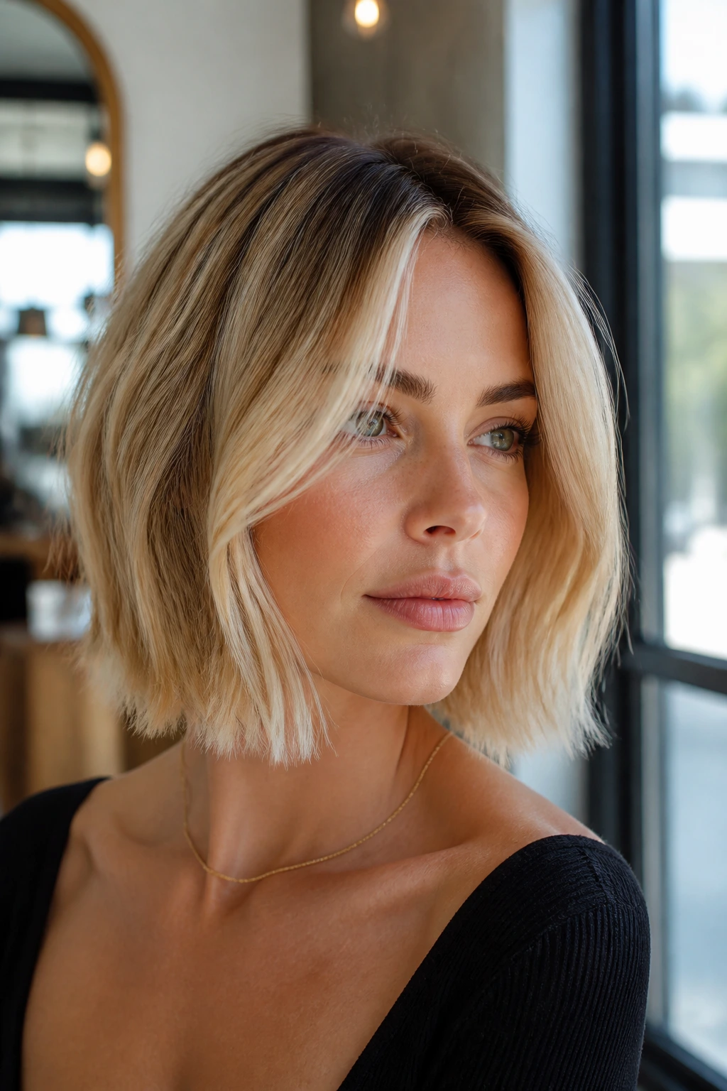 Close-up of a woman with a short blonde bob showing a balanced highlight against the cut.