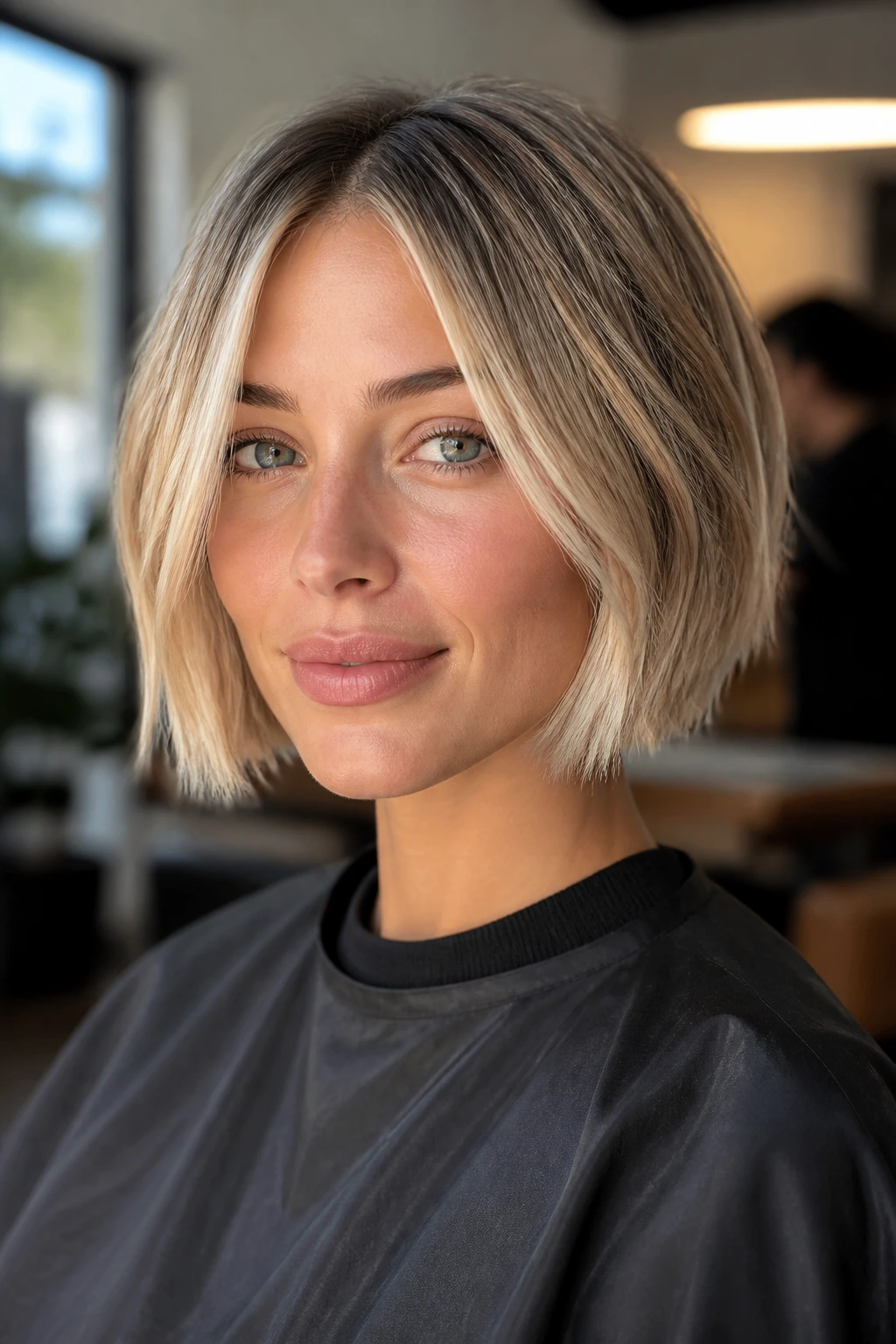 Close-up of a real woman with a short blonde bob and face-framing money pieces in a salon setting
