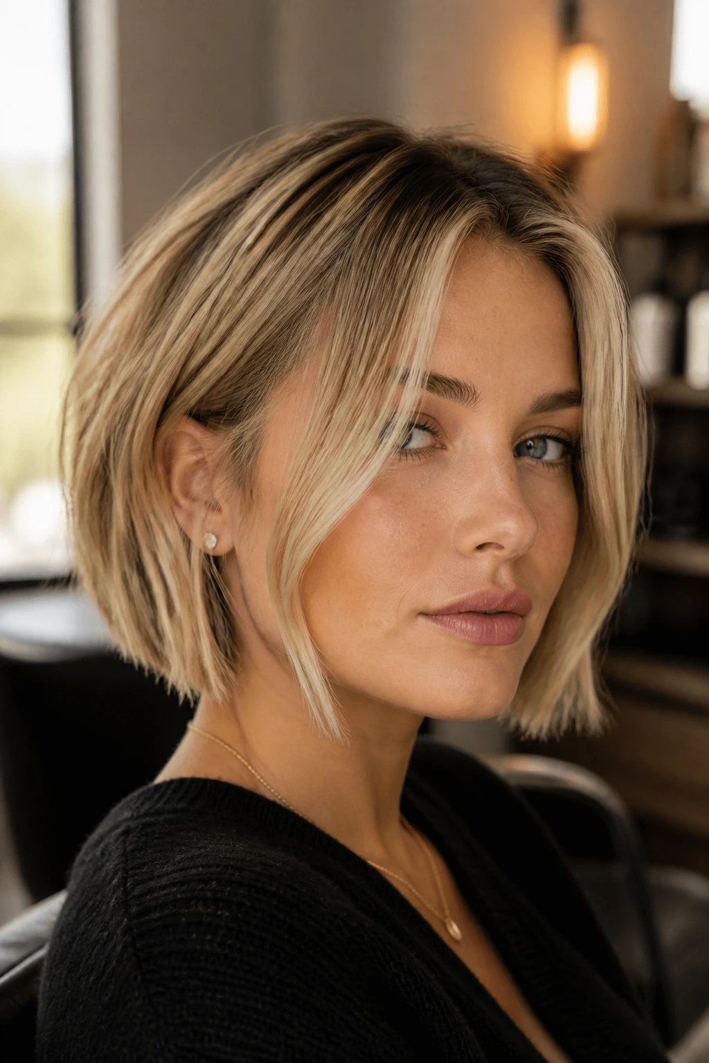 Close-up portrait of a real person with a short blonde bob and money piece highlights, soft window light