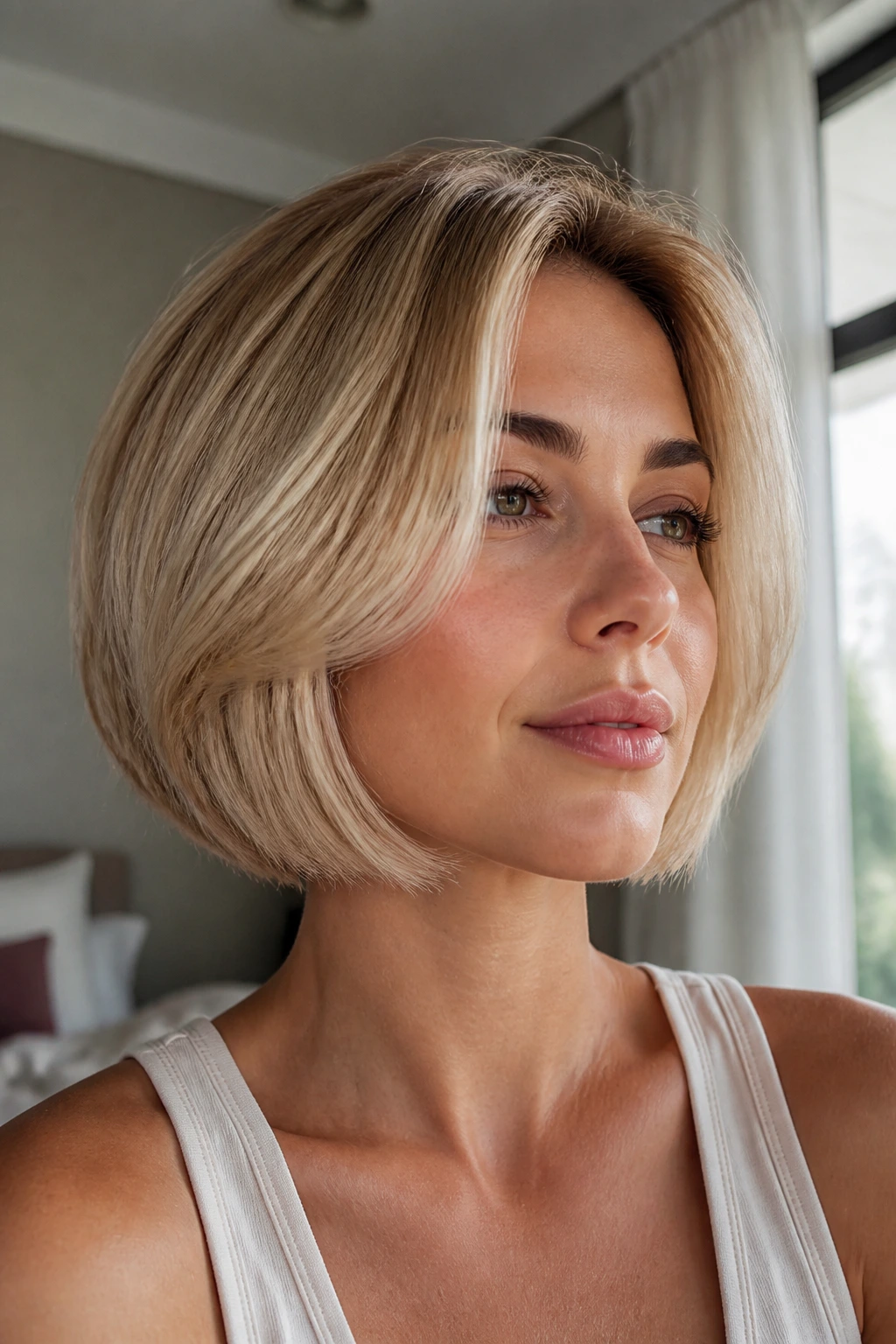 Close-up portrait of a real woman with a short creamy blonde bob showing shape and shade