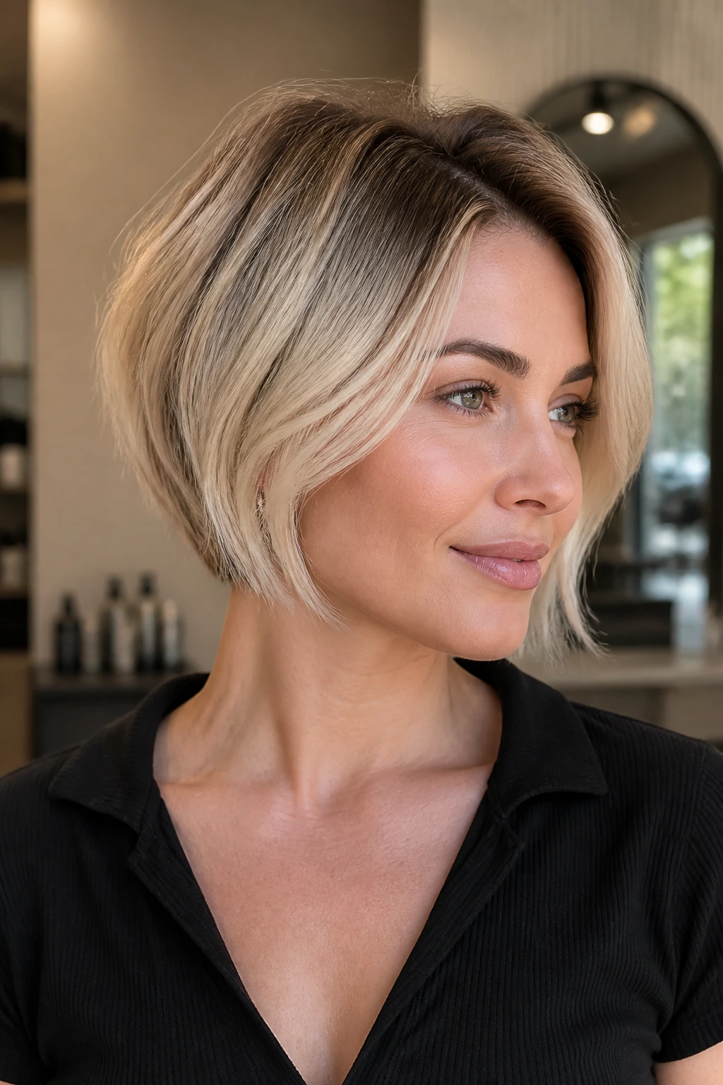 Real person with dimensional short blonde color, showing root shadow and ash melt