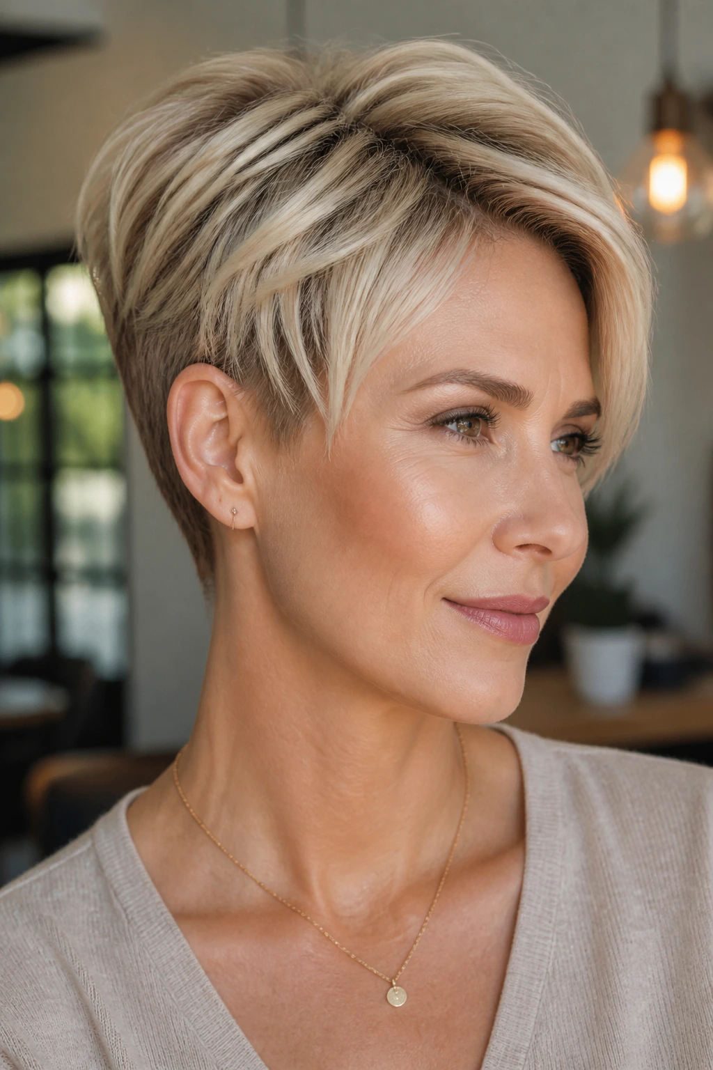 Close-up of a real woman with a balanced short blonde hairstyle