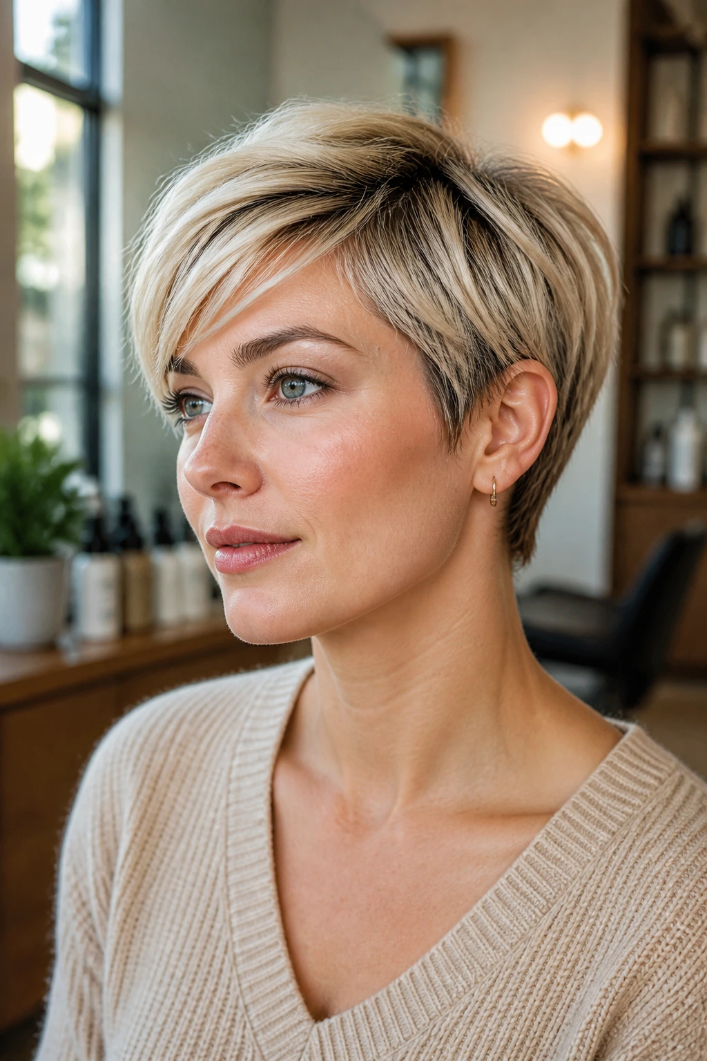 Close-up portrait of a real woman with short blonde hair, illustrating unique short-hair color-and-cut.