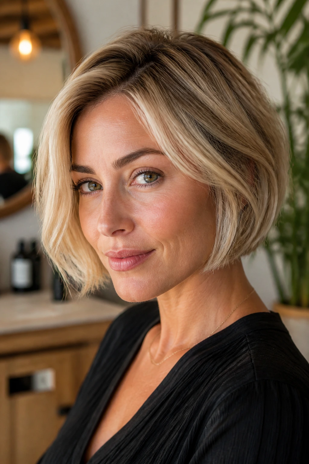 Real person with short blonde hair showing flattering color around the face